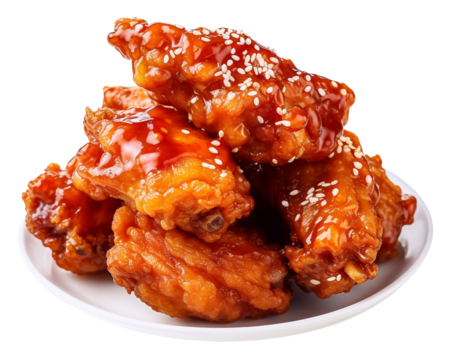 crispy fried korean chicken wings in galbi sauce, Korean fried chicken sauce isoleted background.