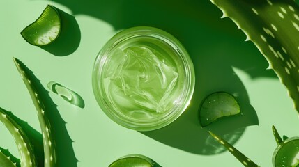 Aloe Vera Gel in Transparent Jar Surrounded by Fresh Aloe Slices on Green Background