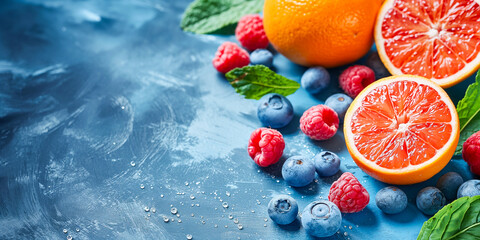 healthy and sweet fruits, berries with free copy space for text, orange, raspberries, blueberries