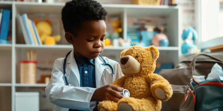 Young Child in Doctor Costume Playing with Stethoscope and Bear,  Safe Toys and Gifts Month - Powered by Adobe