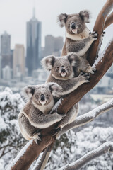 Three koalas perched on a snow-covered tree branch. Climate change
