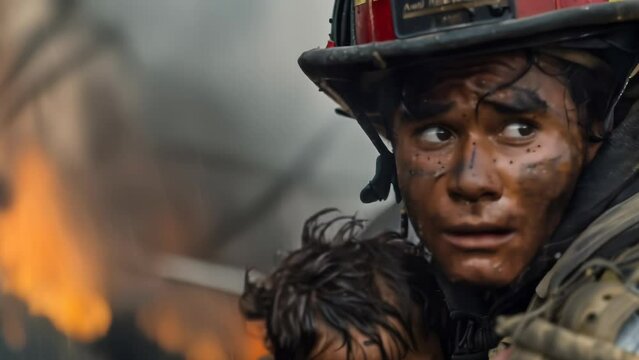 Firefighter in protective gear and helmet, engulfed in flames while battling a blaze. Face shows tension and focus amid the perilous situation, with fire raging in the background. 