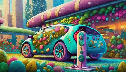 Rolgordijnen OIL PAINTING STYLE cartoon character electric car recharge at parking, BATTERY CHARGING © stefanelo