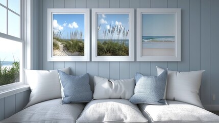 Serene Coastal Inspired Sitting Area with Beach Themed Artwork and Tranquil Window Views