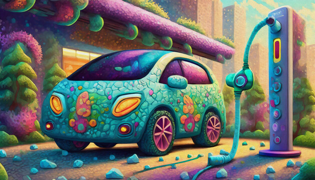OIL PAINTING STYLE cartoon character electric car recharge at parking, BATTERY CHARGING