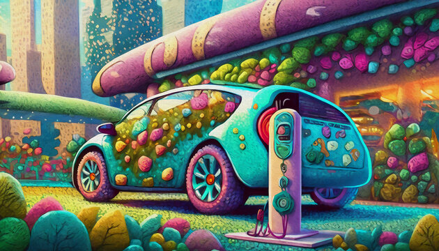 OIL PAINTING STYLE cartoon character electric car recharge at parking, BATTERY CHARGING