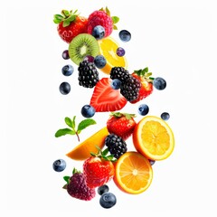 Falling fresh fruits mix with strawberry, blueberry and lemon isolated on white background. Concept of healthy eating or food design.
