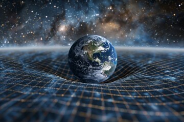 Representation of spacetime curvature, with the solar system's gravity force illustrating the bending of space by Earth, potentially representing gravity waves or relativity.