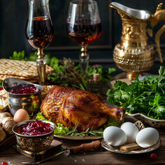 Hebrew holiday table with matzoh, wine, eggs, chicken as symbols of pesach