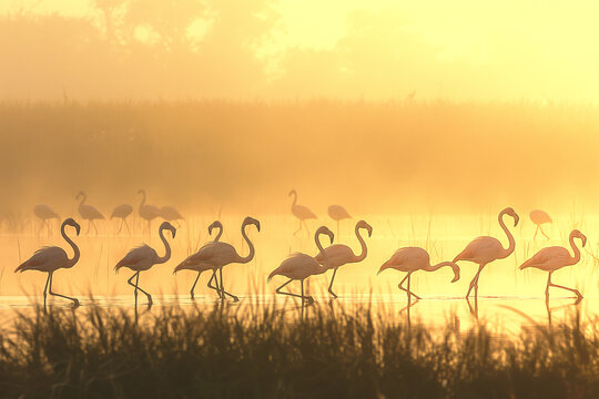 Flamingos in rice fields of southeast Asia with sunrise silhouette. Climate change
