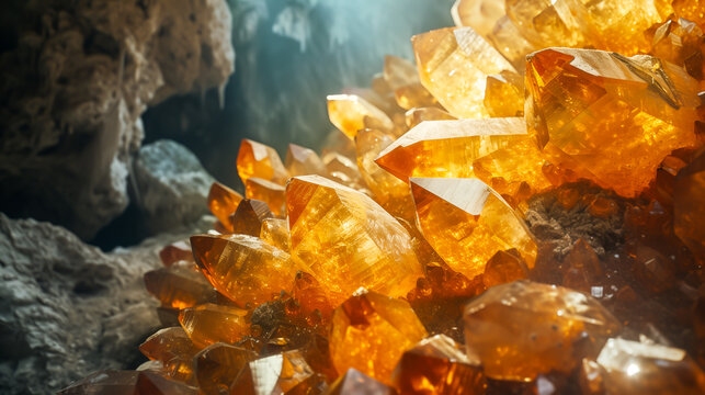 Yellow Topaz Crystal Formation in a Cave, Authentic Beauty of Natural Gemstone. Treasure, Value, Ancient Energy. Jewellery, Luxury, Riches of Earth. Wellness, Mindfulness, Mental Health, Connection