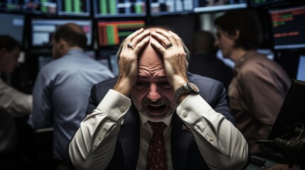 Stock market turmoil surrounds a stressed trader, a snapshot of high finance drama.