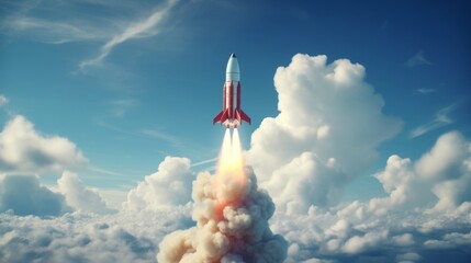 Soaring rocket piercing the clouds, symbolizing ambition and breakthroughs against a blue sky. - obrazy, fototapety, plakaty