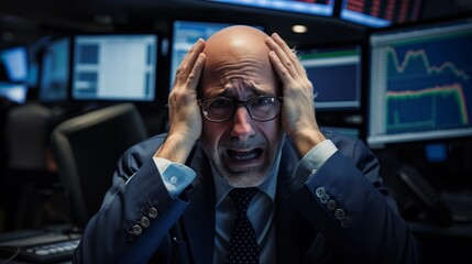 Stock market turmoil surrounds a stressed trader, a snapshot of high finance drama.