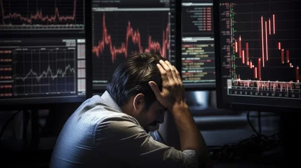 Fotobehang Trader under stress with screens displaying falling stock charts, a dramatic financial moment. © JP STUDIO LAB