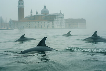 Dolphins glide in foggy flooded Venice silhouette in the background. Climate change