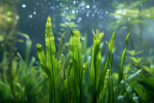Perennial Aquatic plant vallisneria. Green and abundant waterweed with micro flora. Generate AI