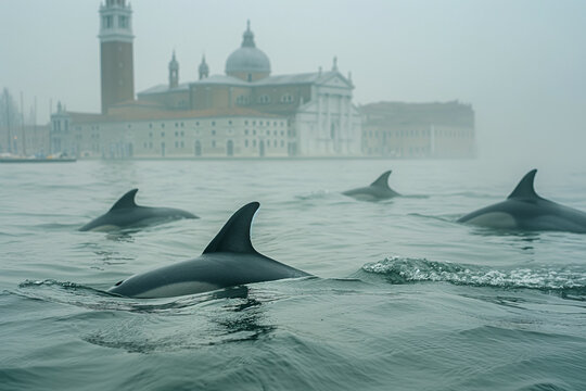 Dolphins glide in foggy flooded Venice silhouette in the background. Climate change