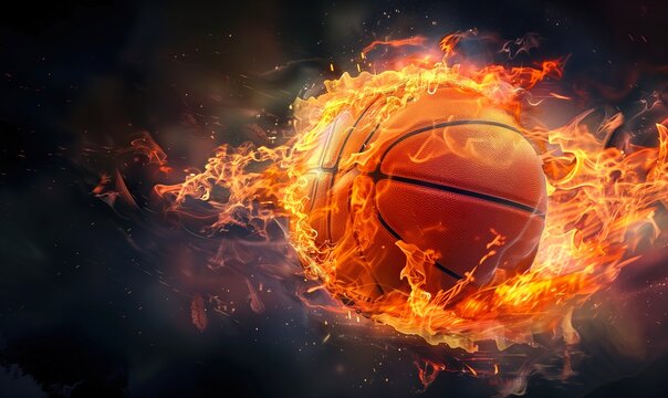 basketball ball in fire flame, sport banner concept, game poster illustration