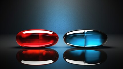 Red or blue pill concept, a choice between stark truth and blissful illusion. - obrazy, fototapety, plakaty