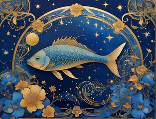  12星座ゾディアックアールヌーボー風アンティーク 花と魚座ファンタジーイラスト