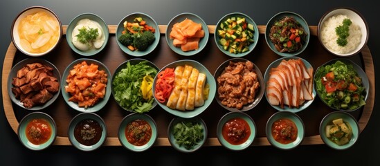 Top view of a set of different types of Japanese food on a black background. - obrazy, fototapety, plakaty
