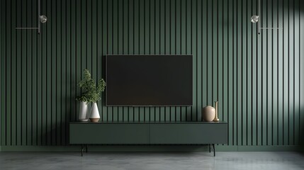 Elegant Harmony: Contemporary TV Cabinet Display on Green Slatted Wall - obrazy, fototapety, plakaty