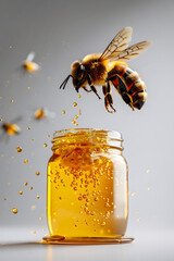 Bee Landing on Honey Jar with Cinematic Photographic Style and Hyper