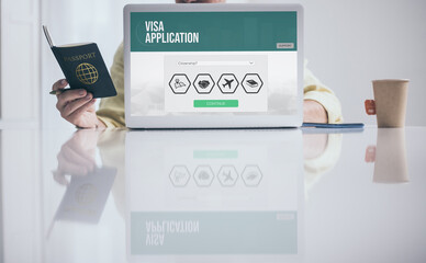 Man holding passport filling visa application form on laptop. Work recruitment, immigration concept