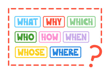 Question words in boxes colorful vector illustration collection. Word learning, school education for children. Teacher lesson resources, games fun words studying