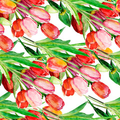Red tulips seamless pattern. Image on a white and colored background. - 783676181