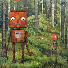 Roboter im Wald zwischen Bäumen, Menschen und Maschinen fantasievolle Technologie in der Wildnis