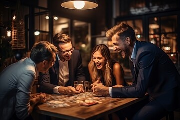 A group of colleagues unwinding after work with a game of Codenames, trying to decipher clues and guess the correct words