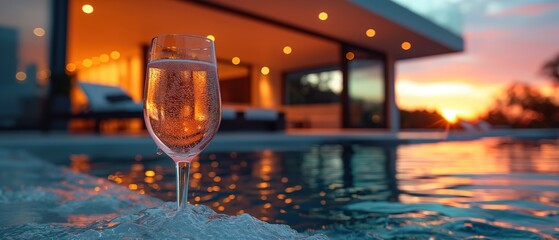 close up champagne glass at pool side with luxurious mansion as background, luxurious lifestyle concept background, Generative Ai - obrazy, fototapety, plakaty