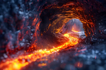 Captivating Subterranean Landscape A Fiery Volcanic Tunnel Ablaze with Molten Lava and Scorching Magma - obrazy, fototapety, plakaty