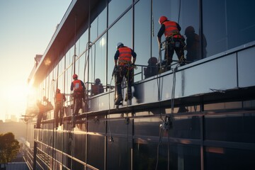 A group of industrial rope access technicians are seen standing on top of a tall building. They appear to be working on installing enhanced safety measures