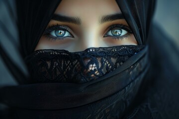 Expressive Portrait of Arabic woman face in veil. Beautiful Muslim female in traditional hijab scarf. Generate ai - obrazy, fototapety, plakaty