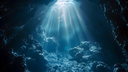 Fototapeta na wymiar Diving into the Depths of an Enchanting Underwater Cave Illuminated by Ethereal Sunbeams