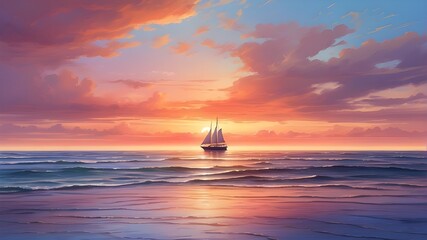 {A photorealistic depiction of a breathtaking sunset over the sea. The image captures the vibrant colors of the setting sun reflecting on the calm water, creating a mesmerizing scene. The sky is paint