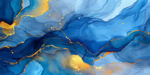 Abstract Blue and Gold Ink Resin Artwork