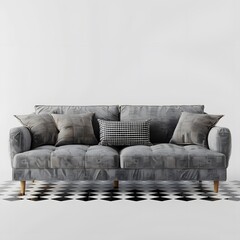 Contemporary Chic: 3D Render of Modern Grey Sofa in Transparent Living Room Setting
