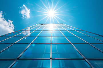 Modern Corporate Skyscraper Against Bright Blue Sky with Sunburst