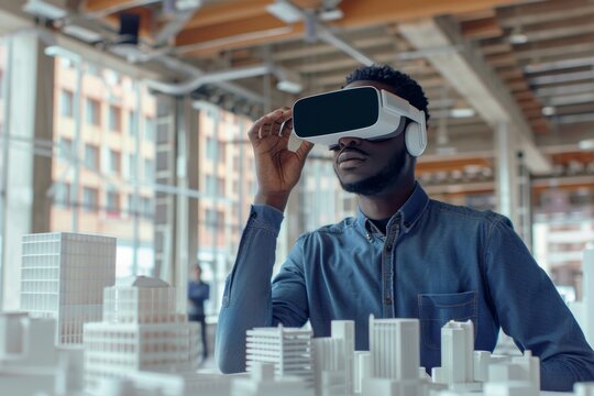  Concept futuristic design. Man is African american Architect or Engineer wearing VR headset for working design 3D architectural precast concrete building model with  virtual reality technology