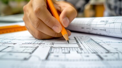 Architect marking blueprints for home renovation project.