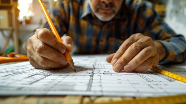 Architect marking blueprints for home renovation project. - Powered by Adobe