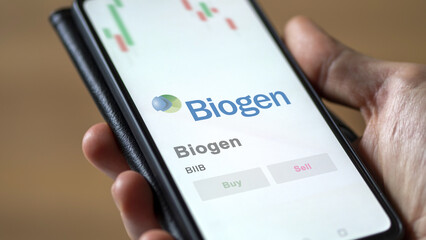 April 09th 2024 , Cambridge, Massachusetts. Close up on logo of Biogen on the screen of an exchange. Biogen price stocks, $BIIB on a device.