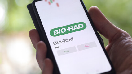 April 09th 2024 , Hercules, California. Close up on logo of Bio-Rad on the screen of an exchange....