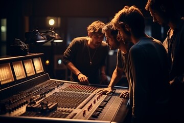Band members discussing ideas and arrangements before laying down tracks in the studio