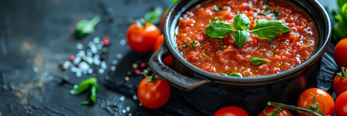 Rustic Tomato Basil Sauce in Cast Iron Pot on Dark Background