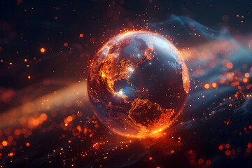 Glowing Planetary Sphere in Fiery Sci Fi Landscape Symbolizing Environmental Challenges and Technological Advancements